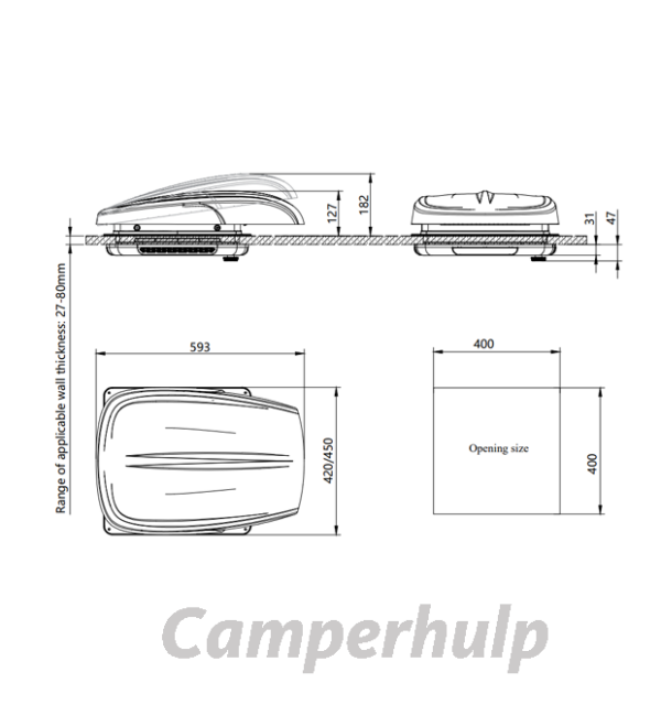 Vechline Luxuoso II Dakventilator 40x40 Transparant voor Camper, Caravan & Boot