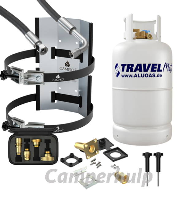 ALUGAS TRAVELMate 27,2 liter hervulbare gasfles met 80% multivalve complete installatieset